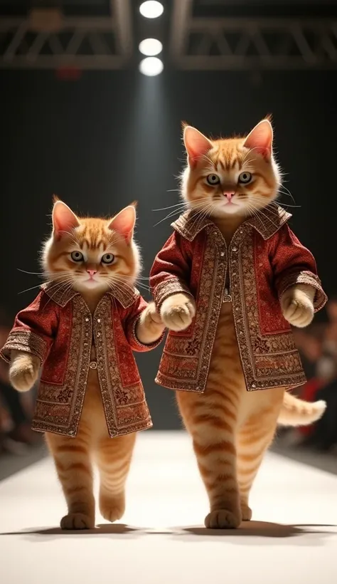 A cat is walking on its two legs who looks like she is 25 years old and next to it is walking her  daughter cat who is wearing the same clothes as her mother but has a face like a cat. Close up of it walking gracefully on the runway, the cat looks so cute ...