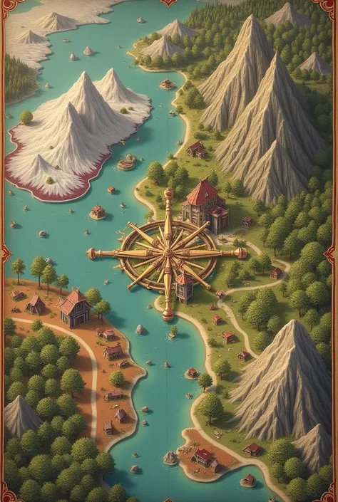  An ancient geographical map ,  with a wind wheel .  To the north is a snowy and mountainous region . Right southwest ,  on an island with dead and purplish land ,  little vegetation and mountains .  To the east an arid region of reddish land.  To the west...