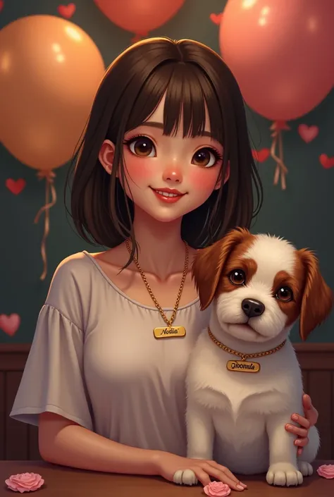 HAPPY BIRTHDAY TO MY GIRLFRIEND NOELIA IN THE MOST CREATIVE AND MOVING WAY, She is a girl with a pretty figure with bangs and makeup outlined at the tip with her white dog with brown chapicita and add a beautiful phrase about happy birthday and how special...