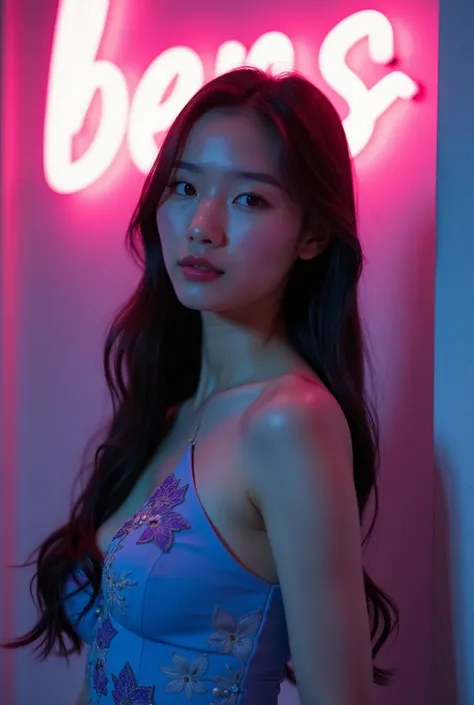 photograpy of a beautiful Korean woman with long straight hair flowing down her shoulders, her pose is confident and facing upwards, with her gaze exuding elegance. She is wearing a blue dress with purple accents, decorated with delicate floral patterns, t...