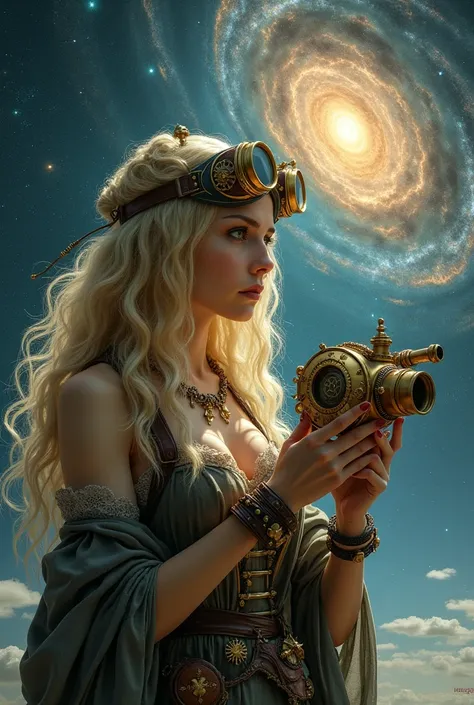  Steampunk 。 one woman。 Steampunk な魔女。Wavy 、 blond long hair 。 using a mysterious observation device、Observing celestial bodies 。The background is the galaxy。