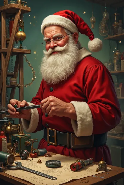 Santa Klaus with spanner in a workshop