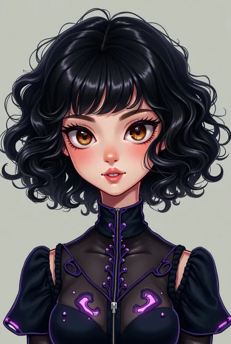 A teenage girl with a big black curly,Andulado petite brown-faced round sculpted eyes wears a device drawing clothes a cold black blouse with purple and white details a bit chubby drawing 
