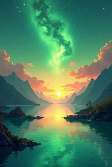  generates for me a sunset landscape with a green starry sky, beautiful mountains are present and a transparent sea 