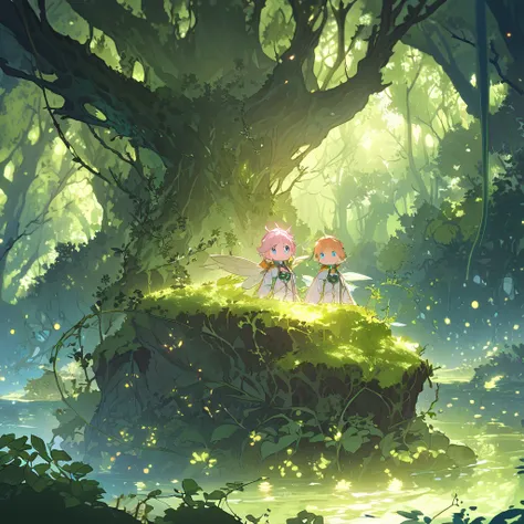 The scene is set in a lush, mystical forest bathed in soft golden sunlight, with vibrant green foliage swaying gently in the breeze. The frog, wearing its racing jacket emblazoned with "Toshiro Racing," stands heroically atop a large moss-covered rock, ove...