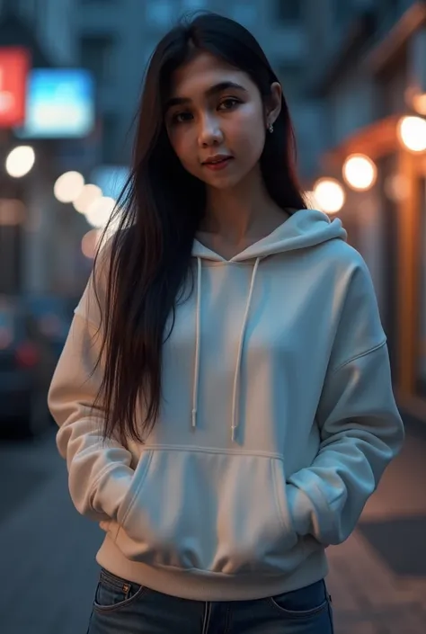 30 years old,, Medium chest,,, black straight long hair,, wearing white hoodie,, black ,, full body,, medium buttocks,, night street,, realistic,, perimeter 2,, tanned,, asian woman body