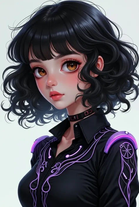 A teenage girl with a big black curly,Andulado petite brown-faced round sculpted eyes wears a device drawing clothes a cold black blouse with purple and white details a bit chubby drawing 
