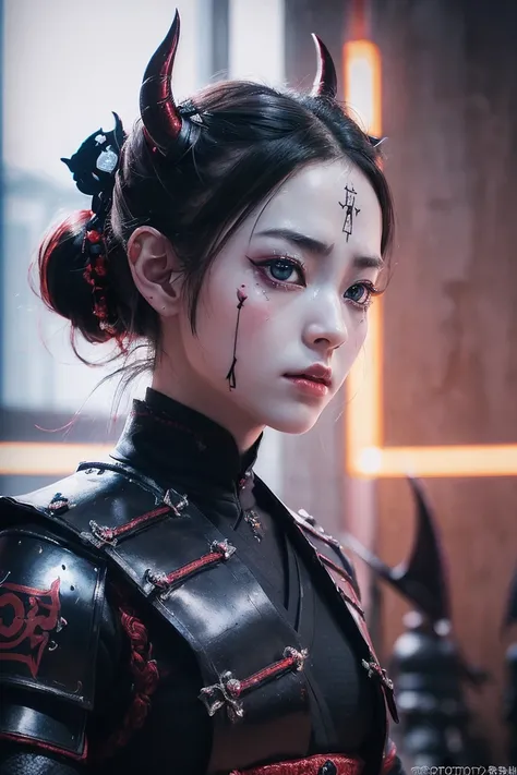  ((super-real photography: 1.5)), whole body, ((demon girl: 1.5)),  beautiful face, Super cute, well-balanced face, tatoo face, devil pupils, red eyes, black hair, short ponytail, Horns on forehead, two horns, slender body, ((black japanese samurai armor: ...