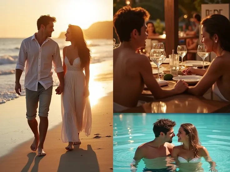 "A montage of a young woman and man walking together on a beach, casually touching hands as they talk. They share soft smiles, the golden hour sunlight casting a warm glow on their faces. Later, they’re seen dining at a large wooden table, exchanging linge...