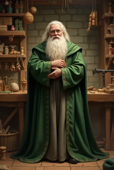 saint klaus dressed in green with folded arms in a workshop