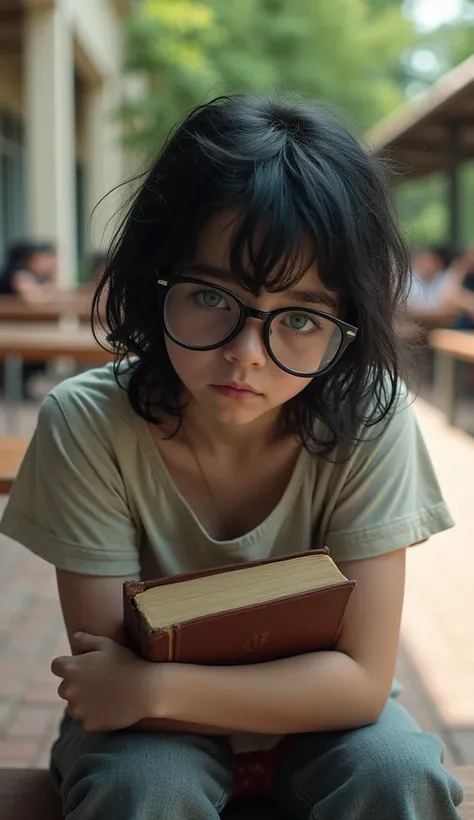  A 17-year-old girl is sitting alone on the school snack patio ,  holding a book to her chest .  She has black and disheveled hair ,  striking green eyes hidden behind large, old-fashioned glasses .  Her face is full of pimples ,  and the clothes you wear ...