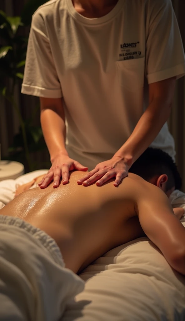 Get an oil massage in bed while wearing a Vans round neck t-shirt