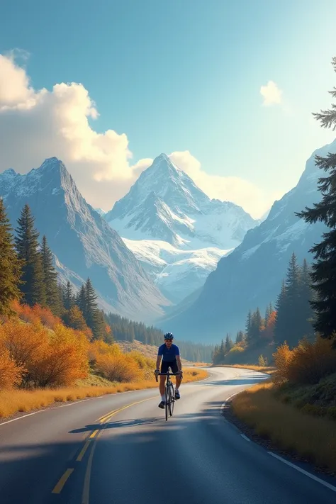 Make an image that can be used in an advertising project that is not too exaggerated on there is a road from left to right of the screen with a man riding a bicycle on it with mountains in the background with the sky divided into 3 seasons: autumn, winter ...