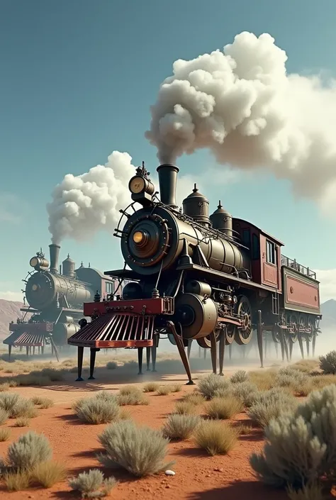  Steampunk 。Steam locomotives without wheels 。 move like spider legs with 8 mechanical legs。The background is a wilderness like the American West。 Blue Sky and White Clouds 。