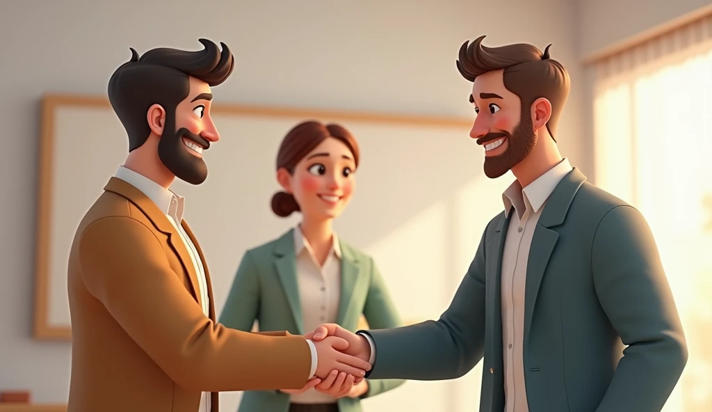 semi realistic character where 2 guys shake hand and the other one character looking at them while smiling