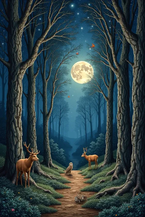 Wall tapestry  design with woody night scenery