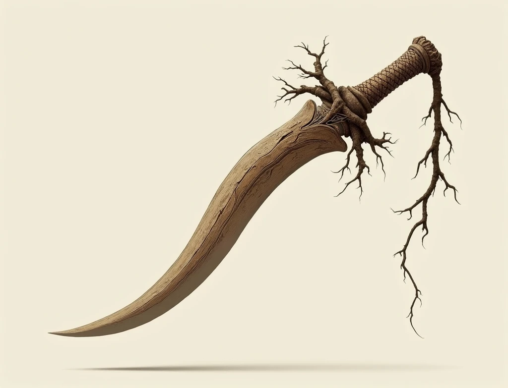 wooden roots transformed into a long curved blade, weapon handle made out of woven roots, no background