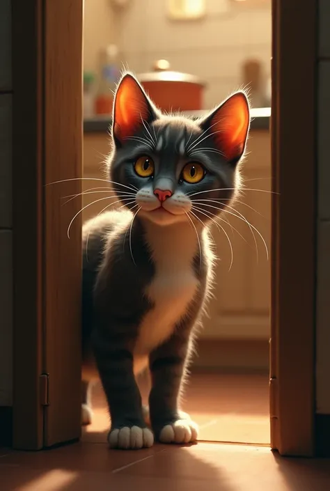 *Whiskers in the Kitchen*: A curious cat, Whiskers, peeking into the kitchen, with a hint of mischief in her eyes