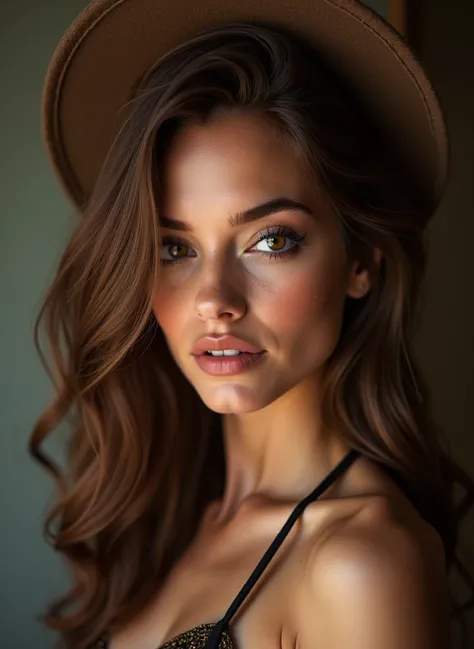 


"Create an image of a 22-year-old woman very sexy with a  face and  light brown hair.   She has a medium and long forehead  ,  well-defined eyebrows . She has  eyes brow,  emphasis on dark brown eyes ,  And a SEXY expression, Supermodel. ela é uma slut,...