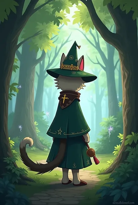  furry cat girl mage facing away from the camera in the style of Armello
