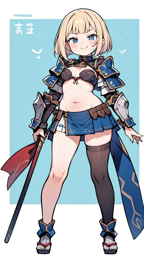  mature woman with blonde bob hair, Blue eyes,  miniskirt blue Japanese warrior armor,（Armor is dark blue ）、 he was laughing a lot , medium breasts, sticking out his butt so much ,  stockings、Full body composition、Belly button exposed、 blush,  open her mou...