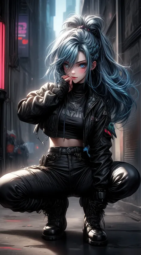 A young, chaotic woman with pale skin and electric blue hair styled into long, detailed braids that shimmer with vibrant highlights. Her mischievous expression reveals a blend of playful glee and unhinged determination, captured in lifelike detail with sha...