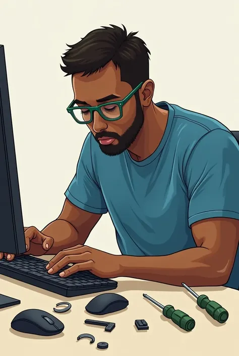 Drawing style,  character ,  mens, brown skin, green frame glasses , blue t-shirt,  sitting at a desk with a computer ,  with an unassembled mause on the table and two screwdrivers 
