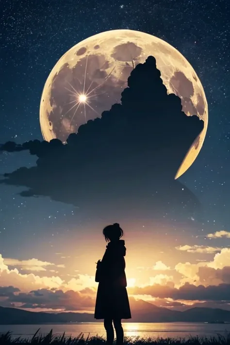  best quality,Big moon and shadow,A silhouette of a person can be seen against the backdrop of a large moon.,There is one full moon,There is a mood, beautiful scenery, starry sky 