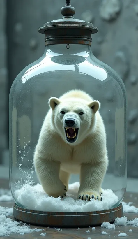 Create a realistic image of a small aggressive polar bear sitting in the hanging glass jug