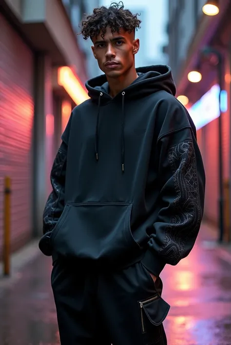 A confident male model showcasing a bold, oversize streetwear outfit from the brand CAP. Both the hoodie and joggers are designed in an oversized fit, reflecting a relaxed yet stylish vibe. The hoodie features a premium, matte black fabric with intricate, ...