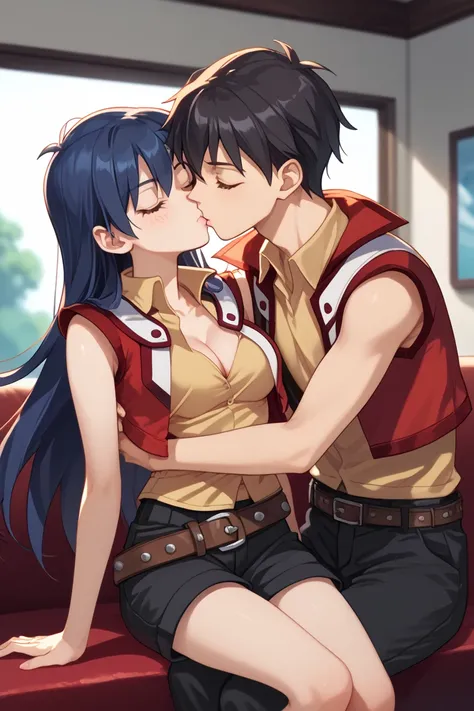 Saotome Rei, anime screencap,
aarei, long hair, blue hair, brown eyes, collared shirt, yellow shirt, red jacket, sleeveless, belt, black shorts, black thighhighs, medium breasts,  cleavage, medium breasts, cleavage, indoor,hotel,cowboy shot, blushing, inco...