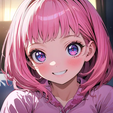 1 female, ((happy expression)), (short pink hair), cute eyes, violet eyes, long eyelashes, large breasts, pink pajamas, correct anatomy, (on a bed), golden hour, dim, blurry background, portrait, detailed, masterpiece, ultra HD, anime style, (My Hero Acade...