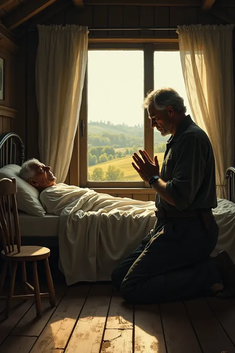 Man on the farm praying near his sick fathers bed