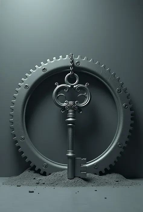 Create an image with a gear and a key and in the background of the image the color gray
