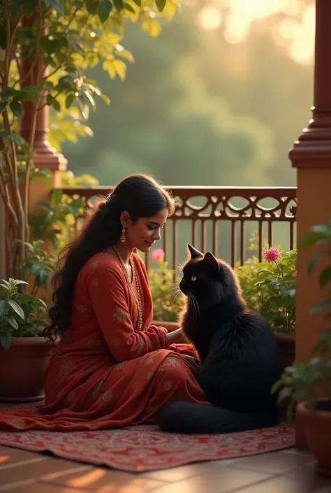 Create a video of a persian long har black cat sitting in balcony and chill with female indian parent