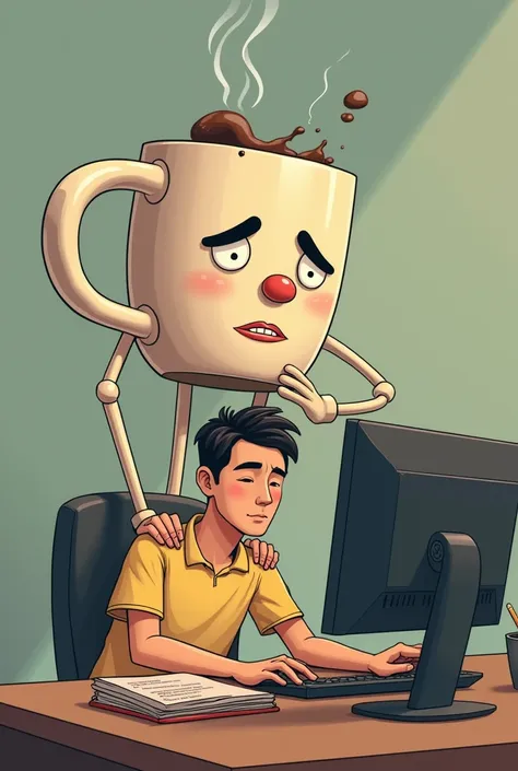 Hot coffee mug with the appearance of having eyebrows, with eyes, with nose, with mouth, with arms and legs, Standing massaging the shoulders of a sitting thai man working with lethargy , with computer,