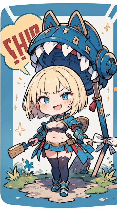  mature woman with blonde bob hair, Blue eyes,  miniskirt is yellow、Japanese warrior armor ,（Armor is dark blue ）、 he was laughing a lot , medium breasts, sticking out his butt so much ,  stockings、Full body composition、Belly button exposed、 blush,  open h...