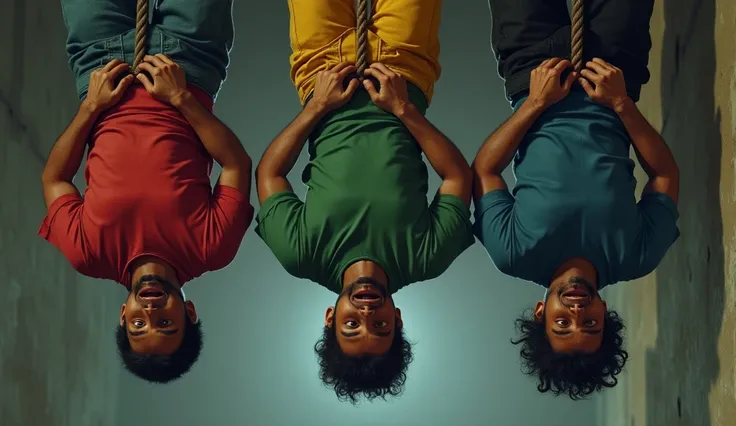 "Three young Indian men are hanging upside down, tied by ropes, in a realistic setting. Each man is wearing a different colored t-shirt: one in red, one in green, and the other in blue. Their pants are yellow for the red-tshirt wearer, black for the green-...