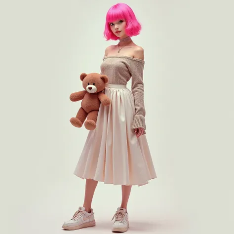  Full body of pink short hair wearing an off-shoulder knit, Wearing a skirt, shoes are Nike ,  holding a teddy bear with a choker in one hand 