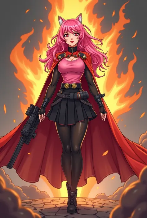 a cartoon image of a woman in a pink top and black skirt, a character portrait inspired by Aquirax Uno, tumblr, furry art, fire! full body, marin kitagawa fanart, the queen of fire, goddess of lava and fire, goddess of hot fire, nezuko, has fire powers, ap...