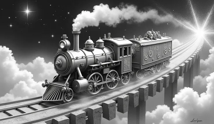 A train that travels through space and time、Pencil drawing style、Fairy tale illustrations、Retro Design、Belt of Light 、Particles of light、