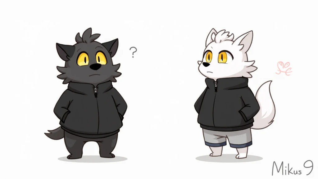 score_9, score_8, mikus-concept, hands hidden in pockets, big black nose, expressive eyes, standing, furry, black fur, black sweater, gray shorts, yellow eyes, white background,. white horns, white hair