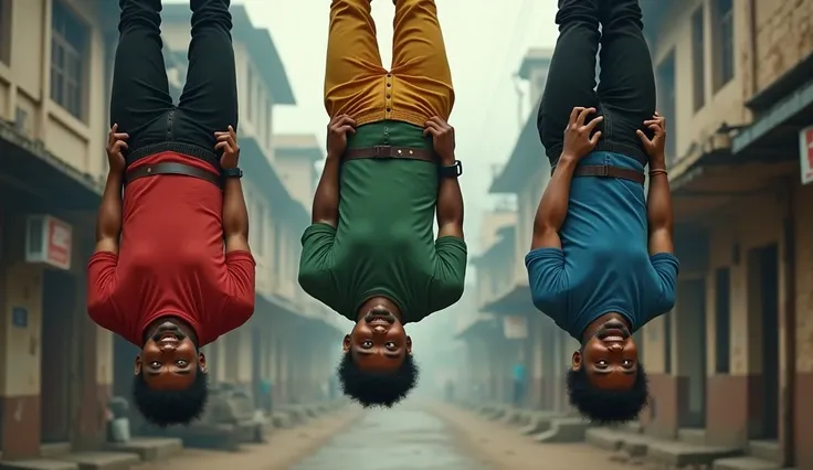 "Three young Indian men are hanging upside down, tied by ropes, in a realistic setting. Each man is wearing a different colored t-shirt: one in red, one in green, and the other in blue. Their pants are yellow for the red-tshirt wearer, black for the green-...