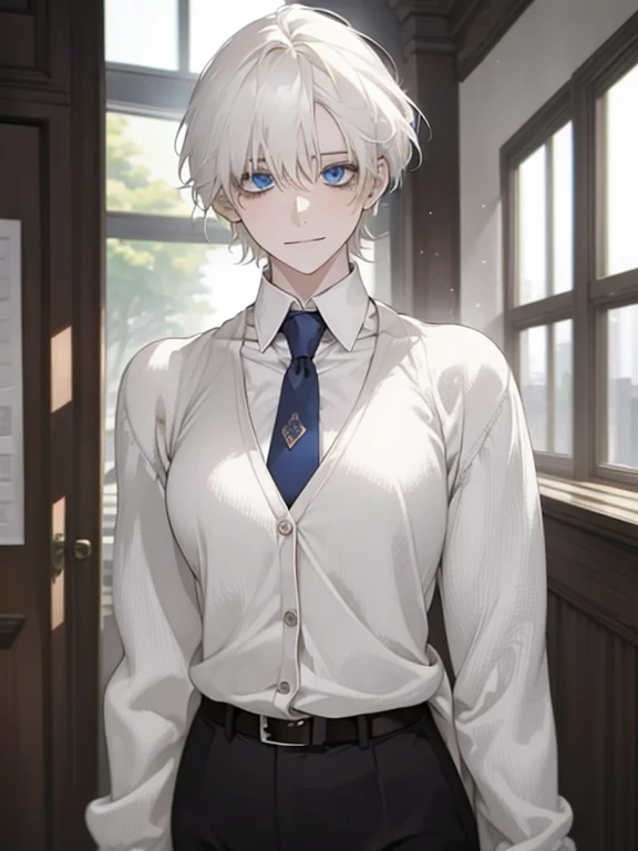 ( artwork, high resolution,  Best Quality , finely detailed), eyes, smile expression facade,  platinum blonde hair,  short hair, white blazer, white shirt, blue tie, tan vest cardigan, belt, black pants, blue eyes, student,  super detail , Necessary.