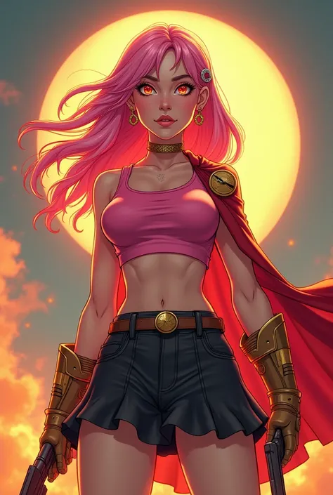 a cartoon image of a woman in a pink top and black skirt, a character portrait inspired by Aquirax Uno, tumblr, furry art, fire! full body, marin kitagawa fanart, the queen of fire, goddess of lava and fire, goddess of hot fire, nezuko, has fire powers, ap...