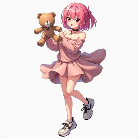  Full body of pink short hair wearing an off-shoulder knit, Wearing a skirt, shoes are Nike , Holding a teddy bear with a choker in one hand Japanese anime style