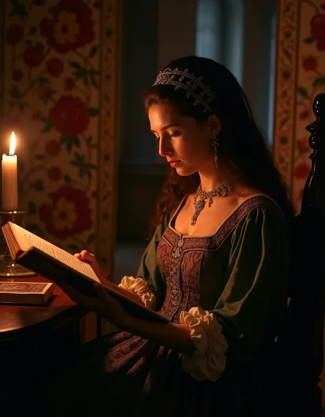 Early 11th century, medieval Spain, a Spanish sexy noblewoman, fully covered in modest, elegant attire with a high neckline, sits in a dimly lit room, reading *El Cantar de Mio Cid*. Her attire, richly embroidered and noble, reflects her status while maint...