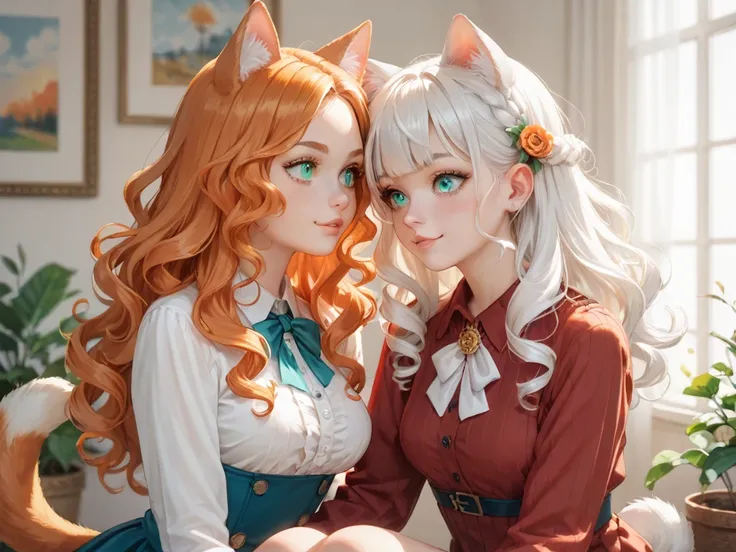 /gen 2girls, multiple girls, one girl,cat girl, :3, aqua eyes, gradient orange hair, (white hair:1.1), (gradient orange hair:1.1), wavy bob, cat ears, cat tail,  Second girl  the first with orange hair, long hair, curly hair, and green eyes, dog ears, corg...