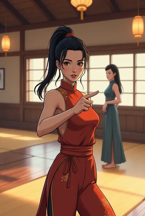 Comic book style image of Mei Lin is shown in her leisure environment, a serene and traditional dojo bathed in soft, natural light. The wooden floors gleam, reflecting the tranquil ambiance of the space, with a few paper lanterns hanging from the ceiling. ...