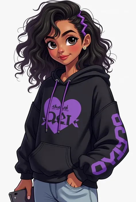  Im a teenager,  long curly black hair ,  I use a device ,  I have dark eyes ,  Im brown , Im short ,  round face, cool blouse, black sweatshirt with purple and light jeans